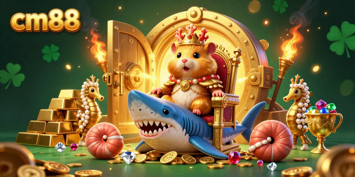 cm88 casino illustration featuring a golden hamster king with treasure elements and guards.