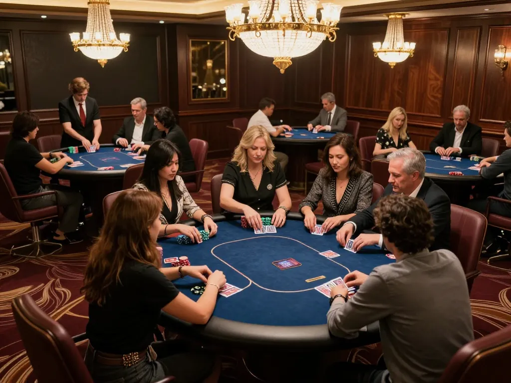 Players engaged in strategic gameplay at FA88's luxurious poker tables, showcasing an immersive atmosphere.