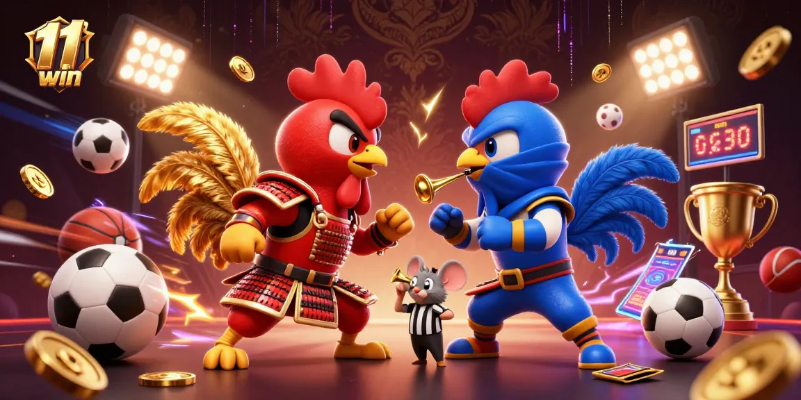 Experience 11 win excitement with cartoon roosters battling amidst dynamic sports elements.