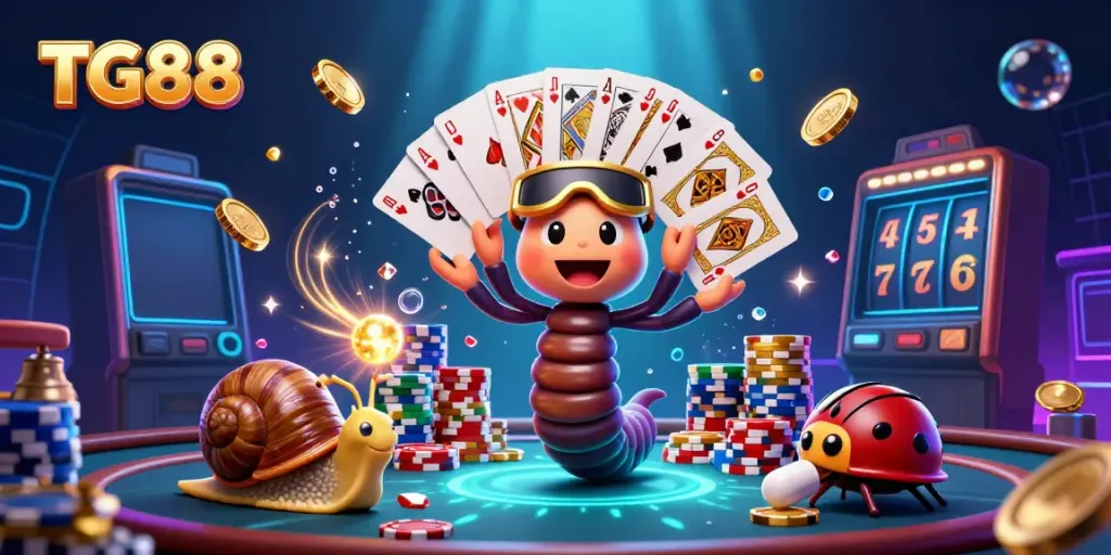 Experience thrilling table action at TG88 with a millipede dealer and high-roller snail amidst vibrant casino elements.