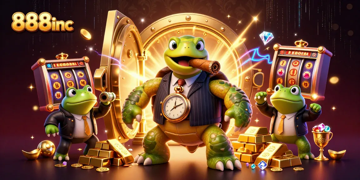 Experience the thrill at 888inc with a colorful 3D illustrated casino scene showcasing characters and jackpots.
