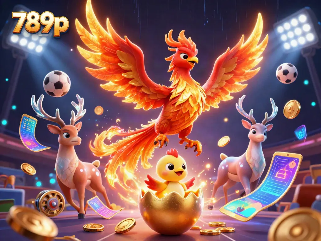 Experience the vibrant energy of 789p with a phoenix, baby chick, and stag amidst sports and casino elements