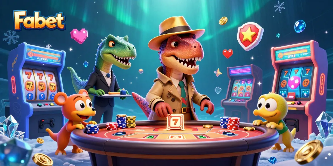 Fabet showcases a velociraptor card counter at a lively blackjack table, amidst colorful game machines.