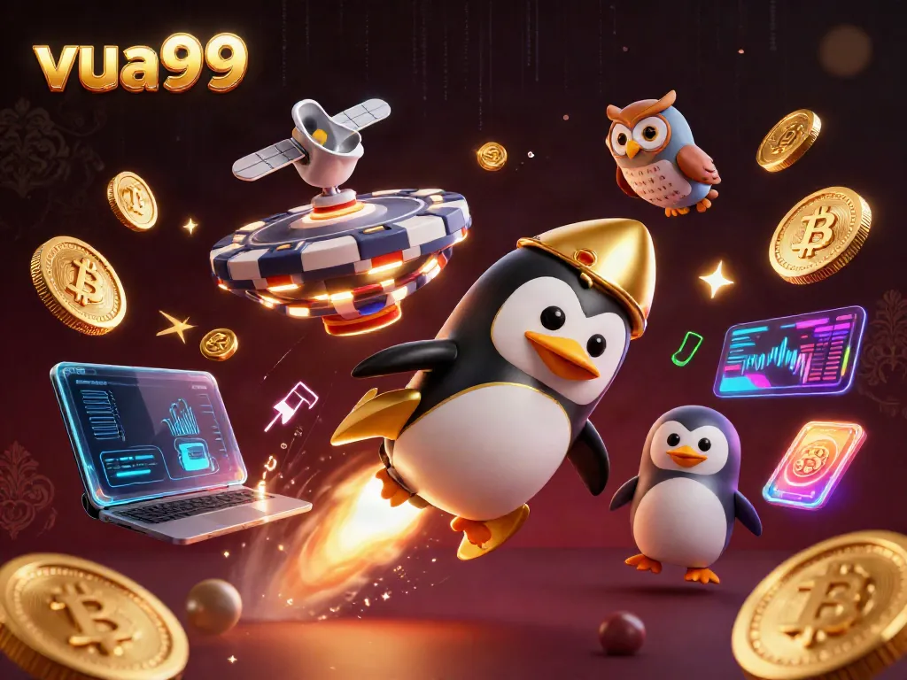 Experience the vibrant world of vua99 with a golden penguin, casino, and crypto elements.