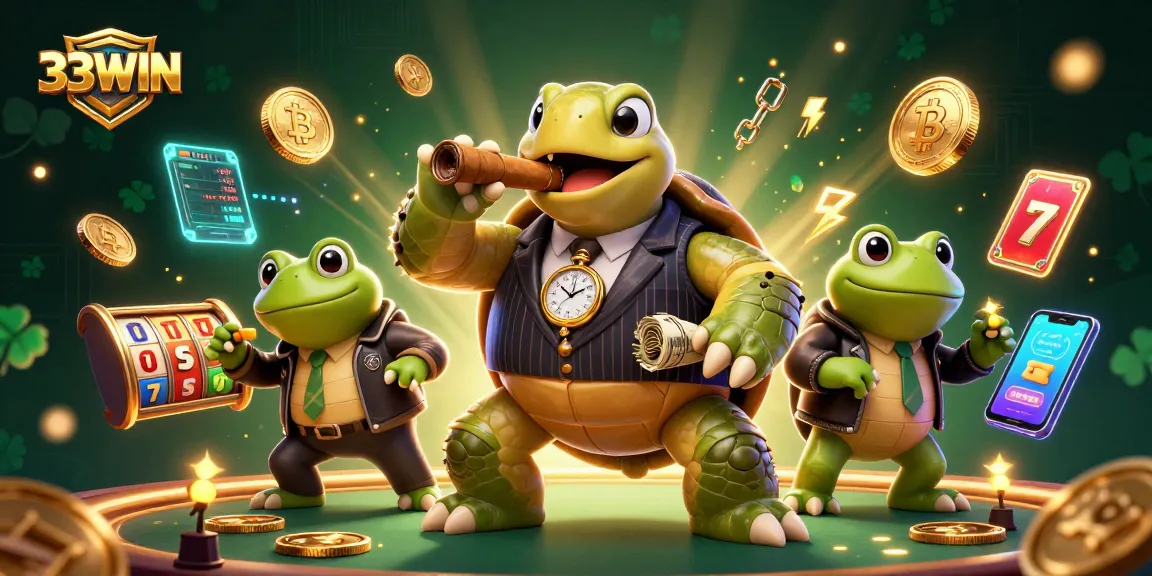 Catch the excitement at 33WIN with a lively 3D illustration featuring a snapping turtle and bullfrog enforcers amidst vibrant casino symbols.