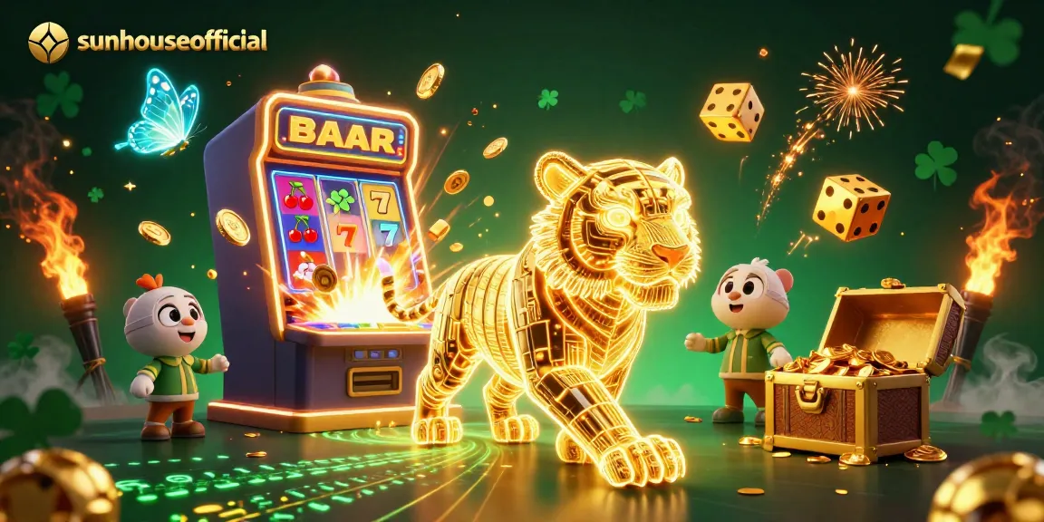 Experience the thrilling gameplay at sunhouseofficial with a neon tiger in a vibrant casino scene.
