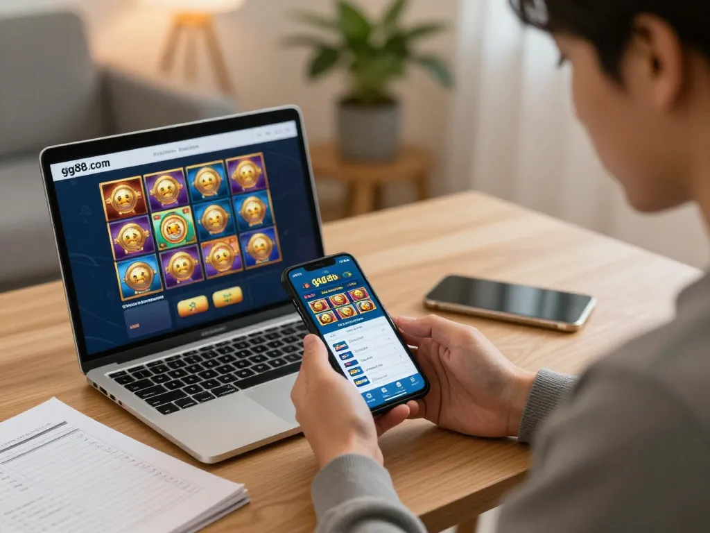 Player using the gg88 com app for online casino gaming in a cozy home office environment.