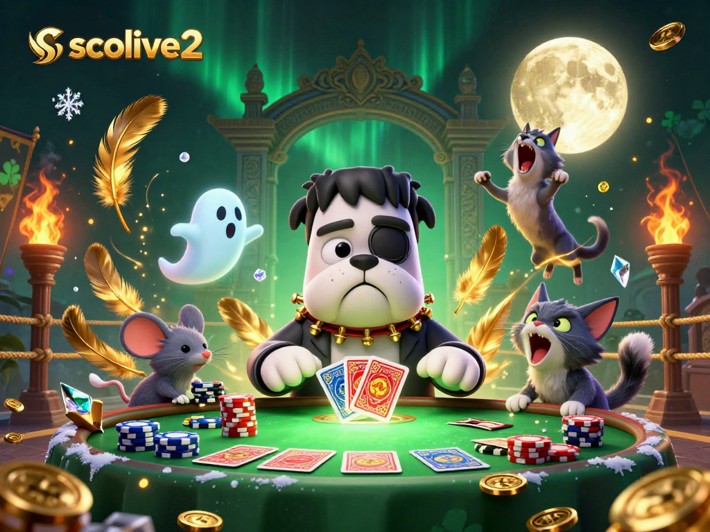 Engage with socolive2 for an electrifying gambling scene featuring a Frankenstein bulldog dealer, captivating ghost mouse, and a werewolf kitten, all in action.