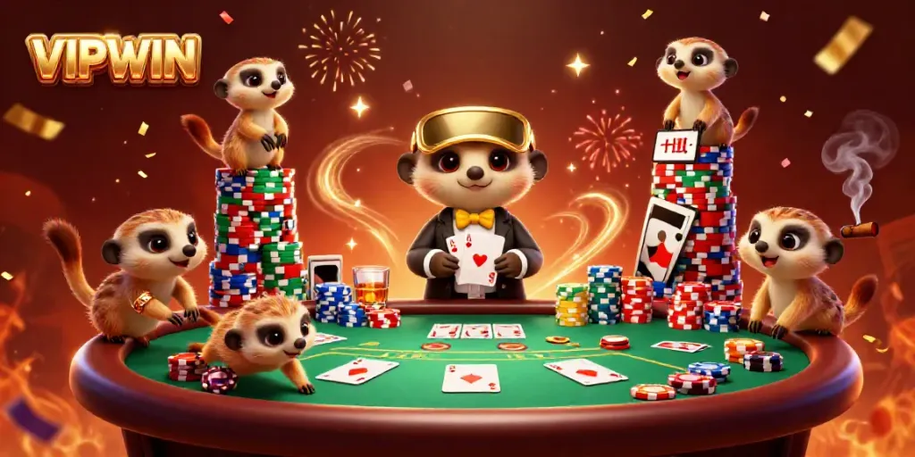 Experience the thrills of VIPWIN with a lively meerkat casino scene showcasing excitement and vibrant gameplay.