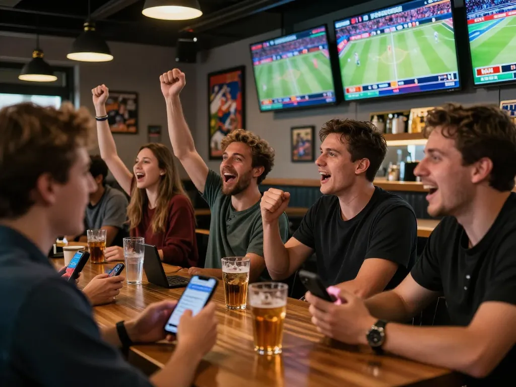 Patrons engaging in sports betting at a lively bar during major games, showcasing keonhacai 88 action.