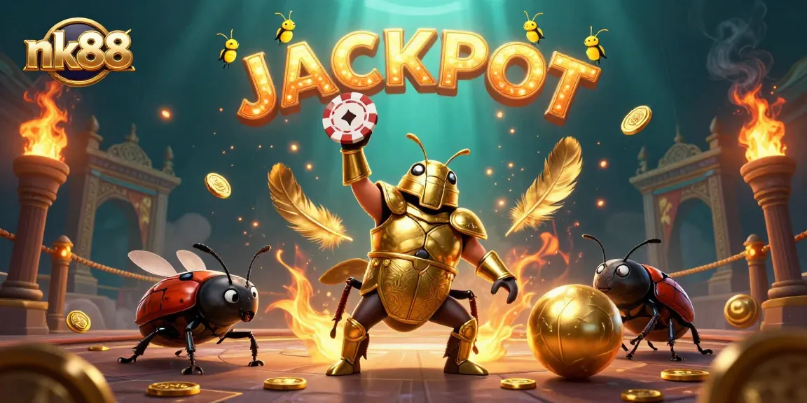 nk88 jackpot victory scene with golden armored beetles and festive elements