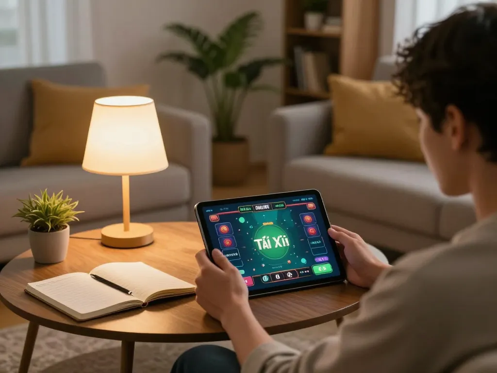 Tài Xỉu Online gaming session at home with tablet displaying gameplay, warm ambiance.