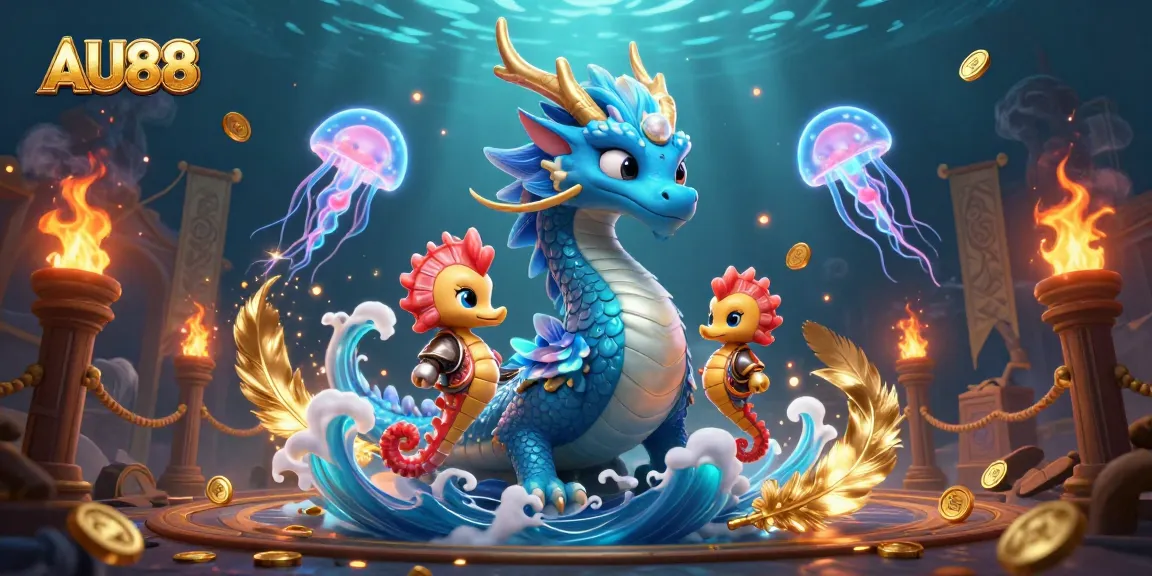 Engage with AU88's vibrant casino world illustrated by a mystical water dragon and seahorse knight.
