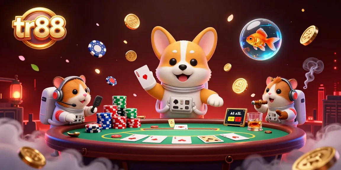 Tr88 astronauts celebrate winning at a vibrant space casino, surrounded by chips and cards.