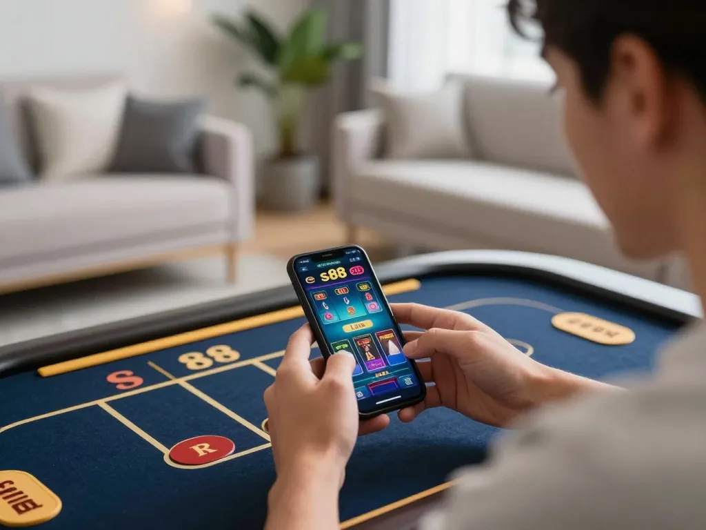 Engaged player placing bets on sc88 com using smartphone in cozy home environment