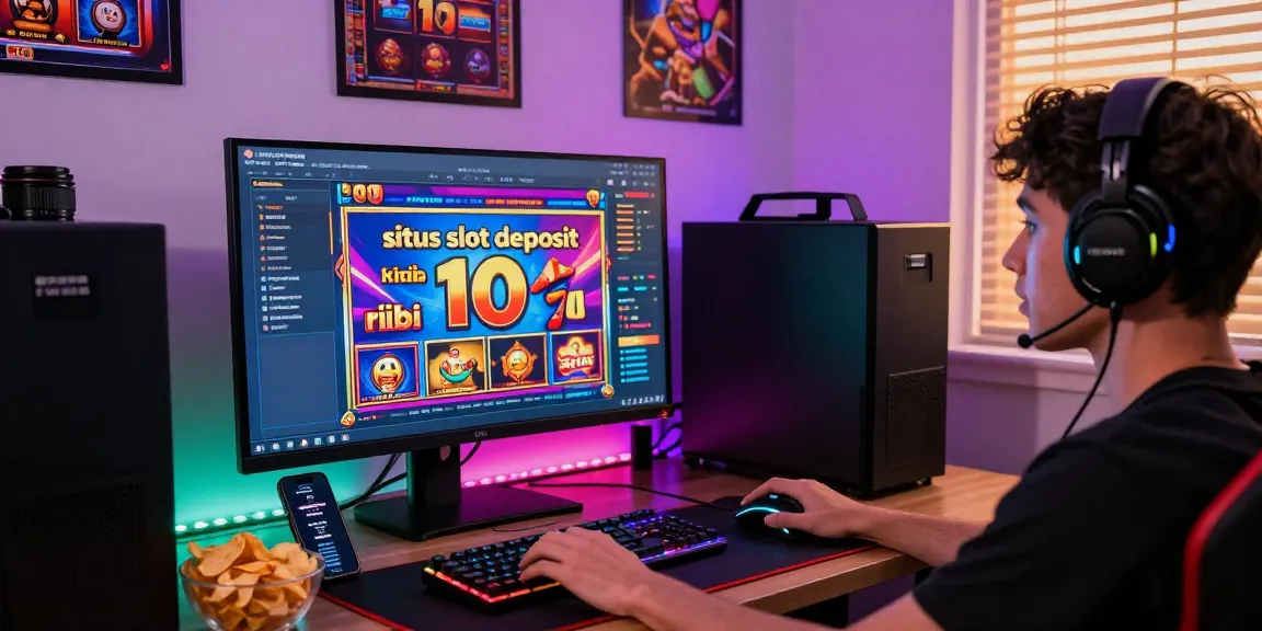 Situs slot deposit 10 ribu gaming setup with player engaged in colorful online slot game.