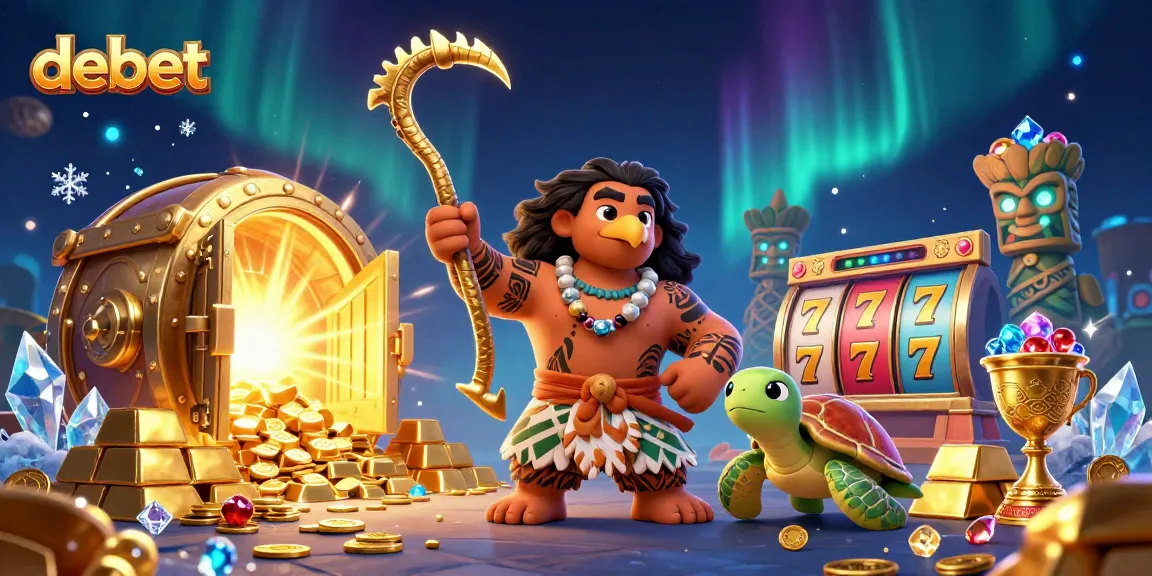 Experience the thrill of debet with this vibrant slot-themed 3D casino illustration featuring a demigod and treasures.