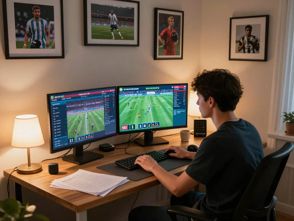 The betting enthusiast analyzing tỷ lệ kèo nhà cái 5 on multiple screens, highlighting strategic online gambling.