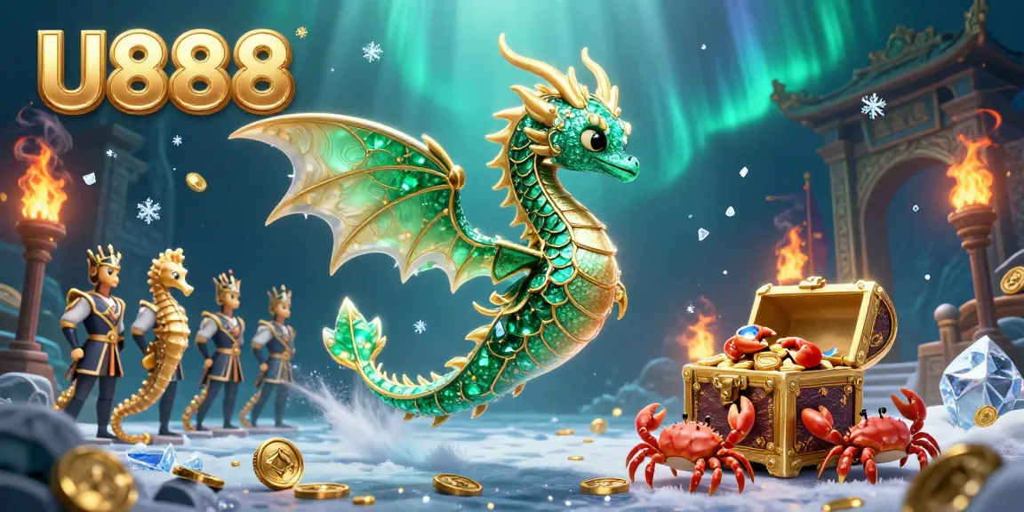 Win spectacularly at U888 with an emerald sea dragon and treasure chest in dynamic casino action.