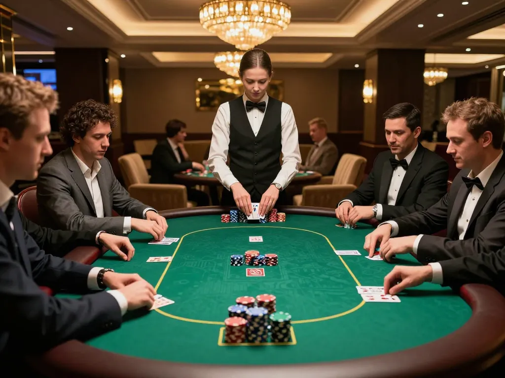 Players engage in an upscale poker game at 789, showcasing strategic gameplay in a luxury casino.