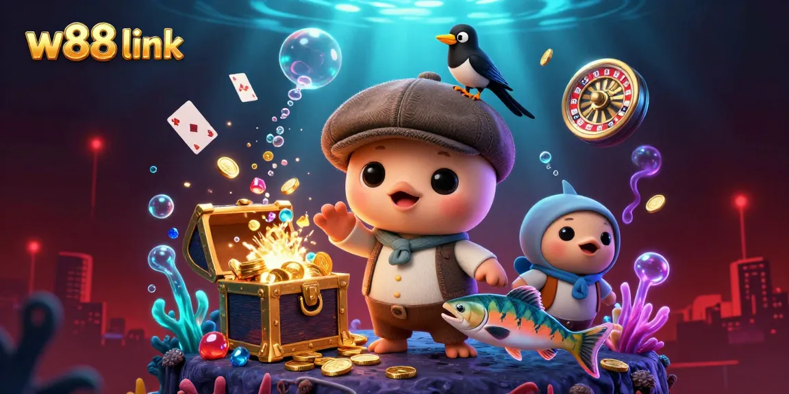 Experience the exciting w88 link world of online gaming with cartoon Nessie and casino elements in action.