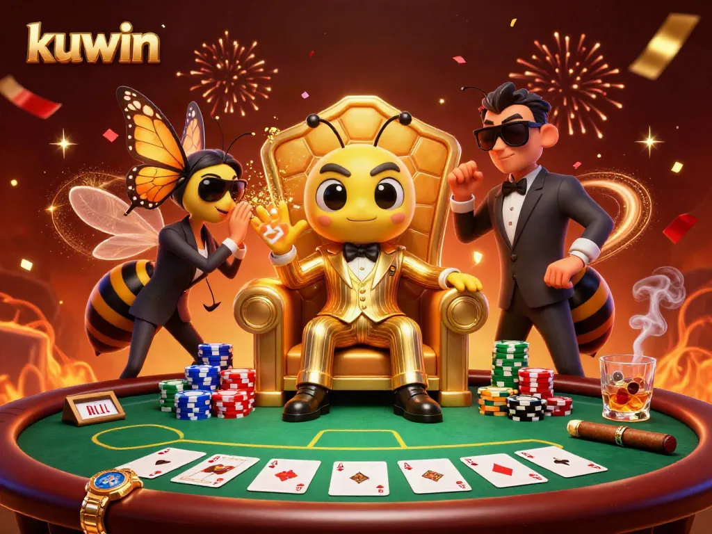 Kuwin's vibrant casino atmosphere comes alive with a mob boss bee amidst poker excitement.