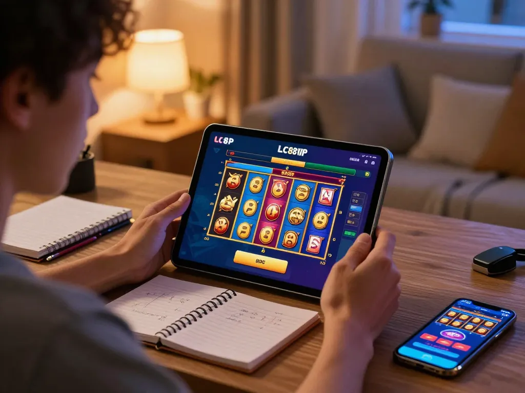 Engaged player utilizes lc88 vip for live slot games on a tablet, showcasing strategic gameplay in a cozy home environment.