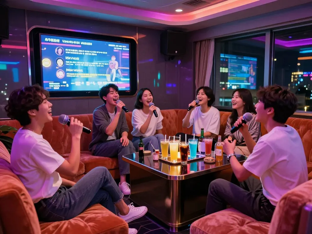 친구들이 음료와 즐거움으로 가득한 서구청쓰리노 노래방 밤을 즐기고 있습니다.