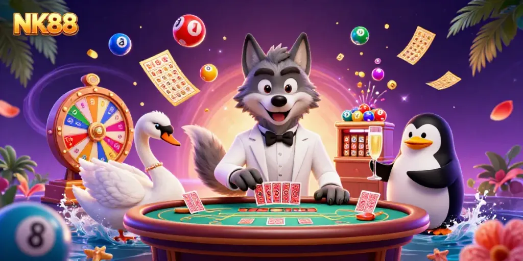 Engage with the thrilling world of NK88 featuring dynamic cartoon characters at a baccarat table.