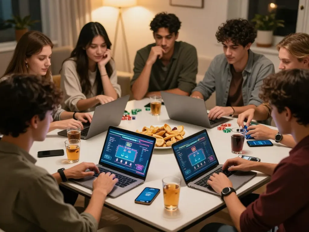 Friends eagerly playing Kèo Nhà Cái 5 online poker at home, showcasing interactive gaming atmosphere.