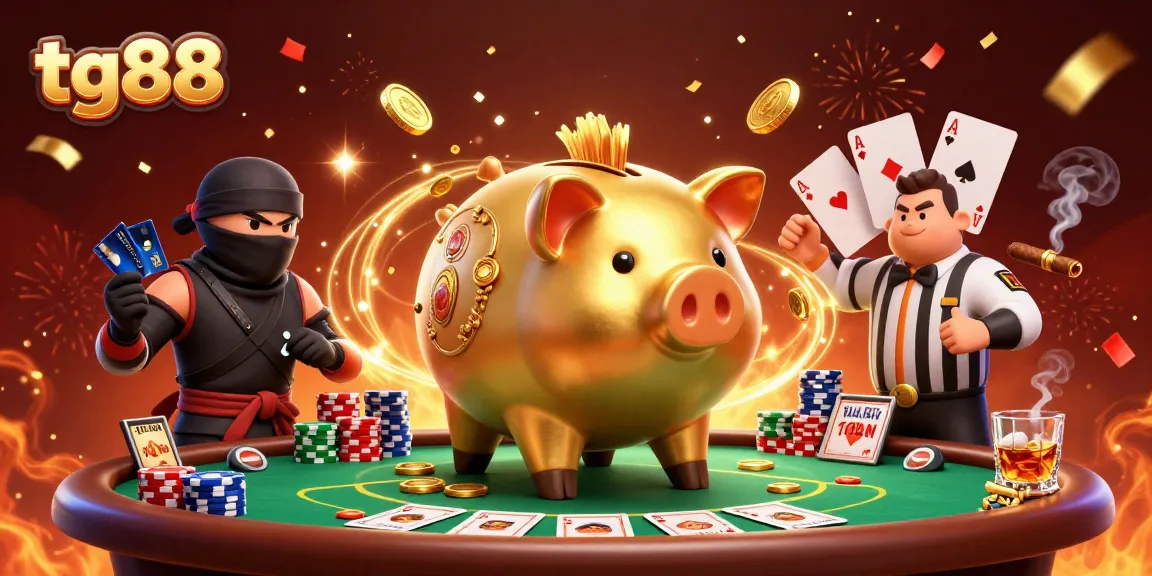 Experience thrilling gambling action with tg88's exciting 3D casino illustration featuring a golden piggy bank and poker elements.