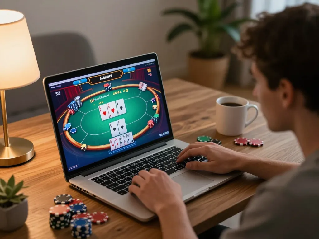 Joueur engagé dans le jeu de casino en ligne fiable à domicile avec une partie de poker affichée sur son ordinateur portable.