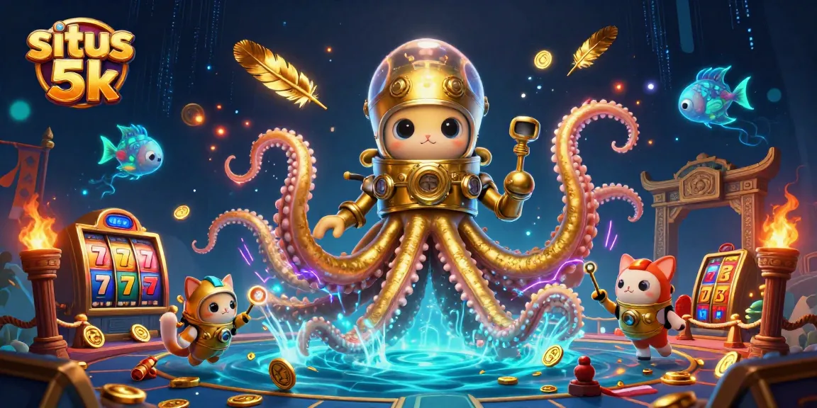 Experience thrilling gameplay at situs 5k with an illustration of a gold-tentacled kraken and diving cat.