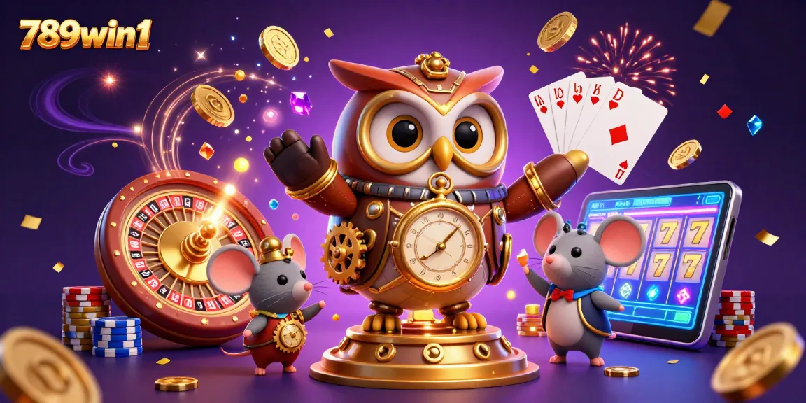 Engage with the exciting atmosphere of 789win1 featuring a time-traveling owl amidst casino elements.