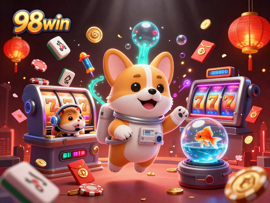 Engage in exhilarating gameplay at 98win with vibrant slot machines and animated casino characters.