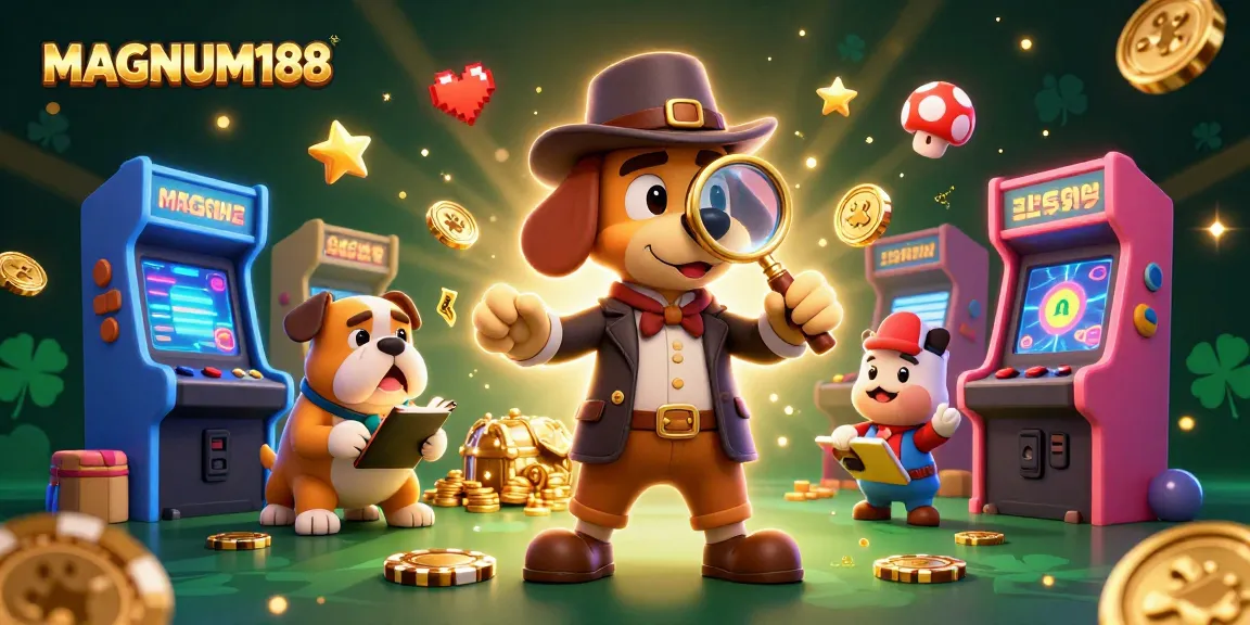 Explore MAGNUM188 with a detective bloodhound uncovering poker chip clues amidst vibrant casino elements.