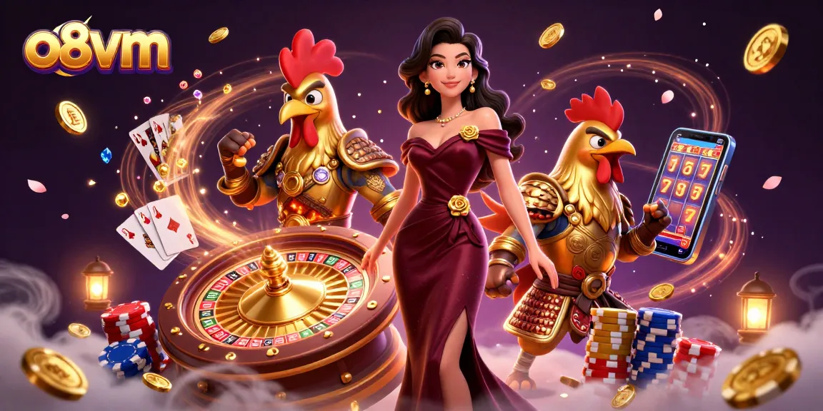 Play and win at o8vm with a glamorous woman and golden rooster warrior in a vibrant casino scene.