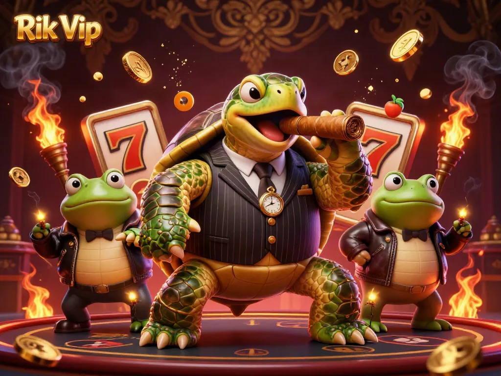 Win big with Rik Vip's dynamic casino scene featuring a mobster snapping turtle and bullfrog enforcers.