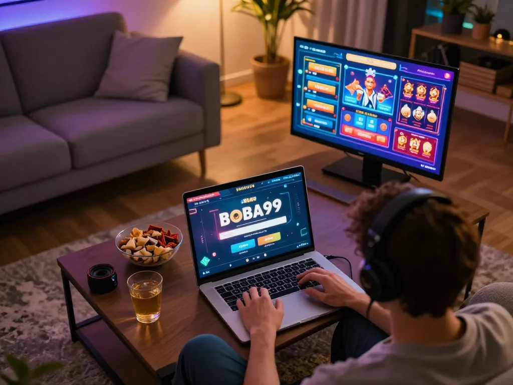 Login Boba99 dengan permainan daring yang menarik streaming di laptop di ruang tamu yang nyaman