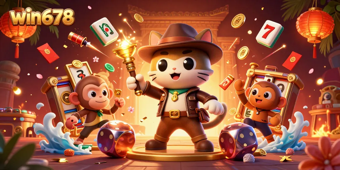 Win678 enhances experiences with vibrant slot action in a lively casino adventure illustration.