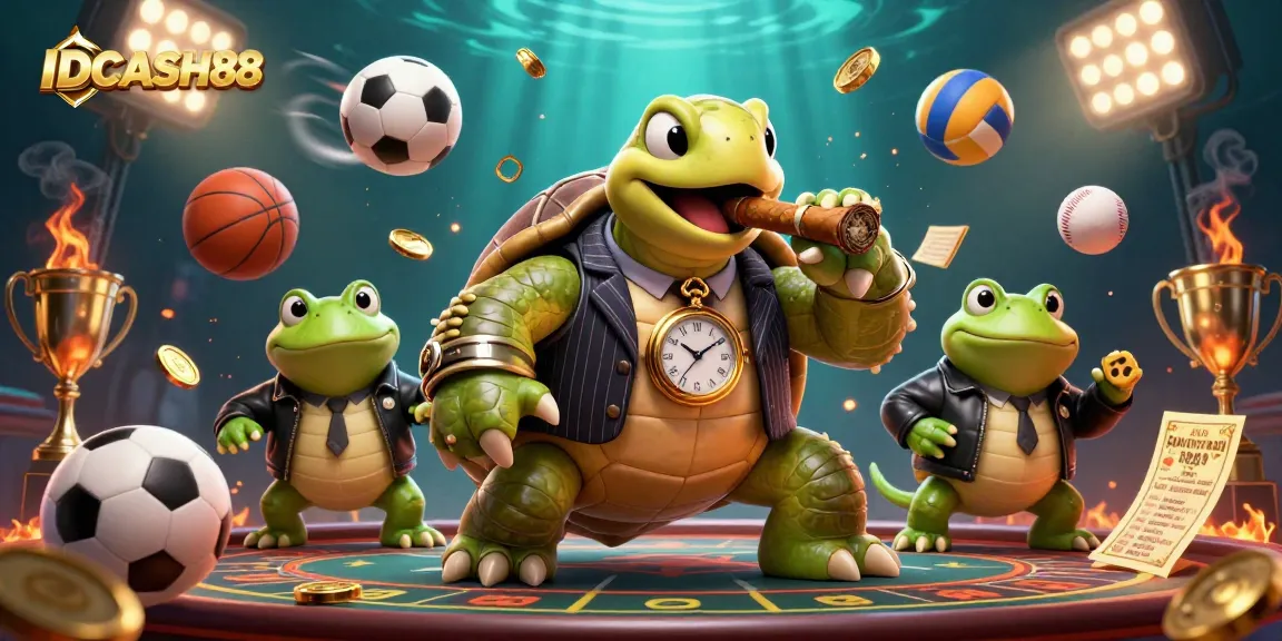 Engage with IDCASH88 sports betting excitement featuring a snapping turtle mobster and bullfrog enforcers