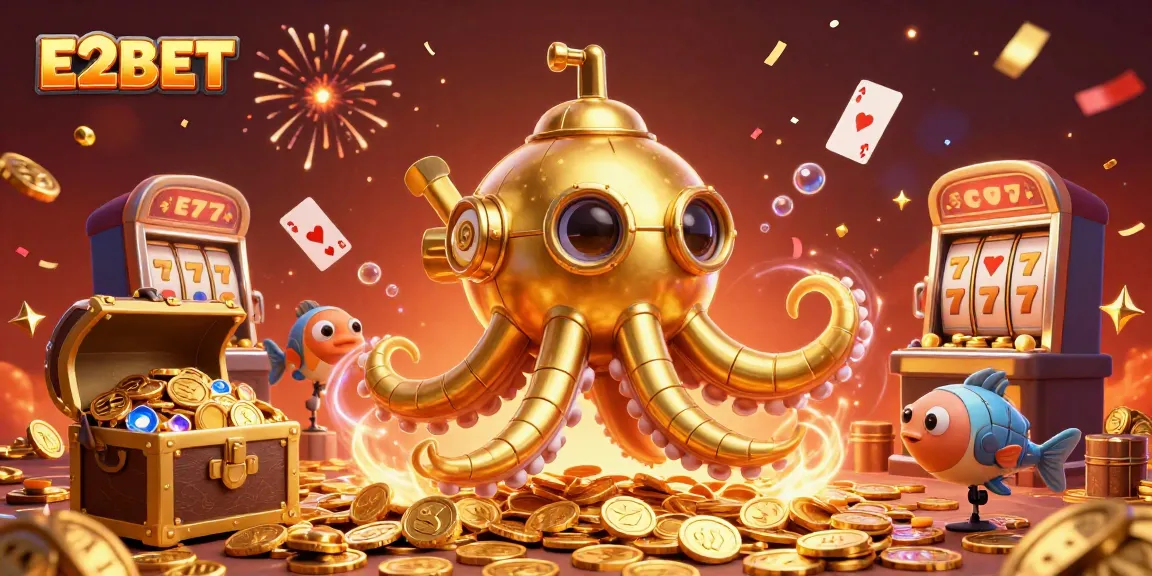 E2BET energizes the casino experience with a vibrant, golden kraken submarine diving into treasures and fun.