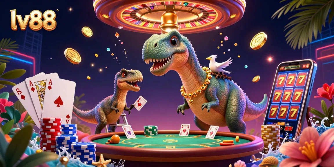 Experience thrilling action at lv88 casino with a fun 3D dinosaur illustration featuring dynamic gaming elements.