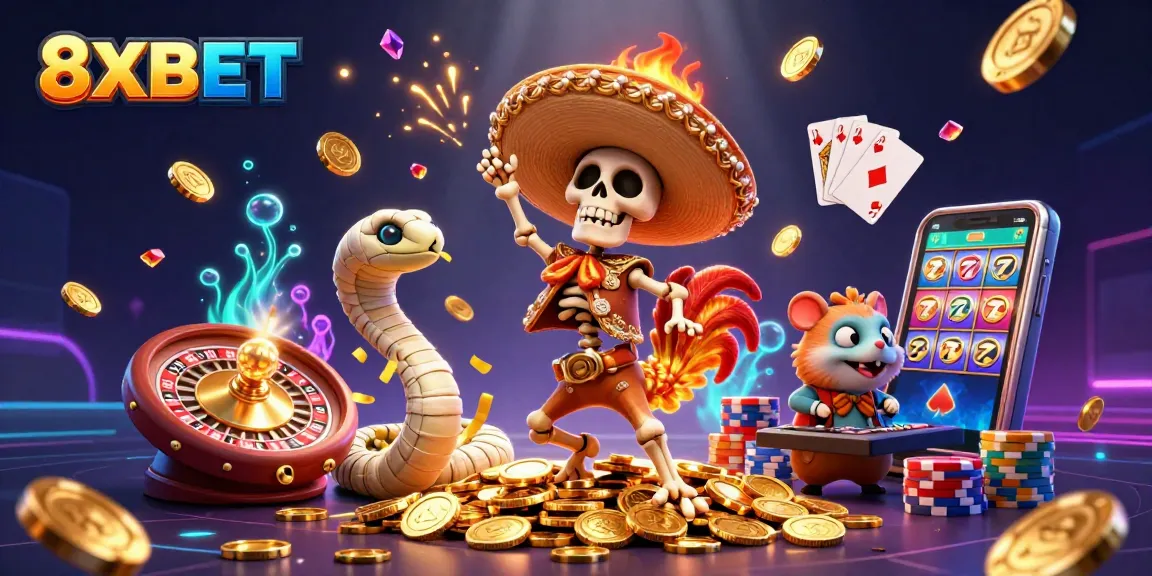 Experience thrilling gameplay at 8XBET with vibrant characters celebrating on a treasure of coins.