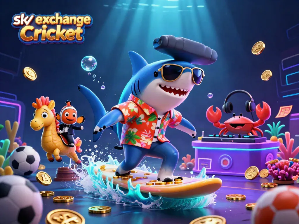 Sky exchange Cricket themed 3D illustration showcasing a shark, clownfish, and DJ crab amidst betting elements.