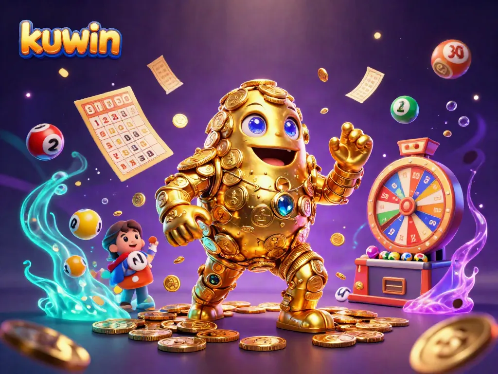 Engage with kuwin's dynamic gaming universe featuring a golden golem surrounded by colorful lottery elements.
