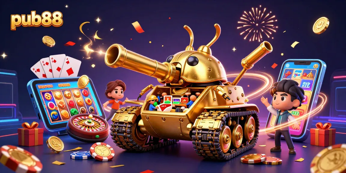 Experience thrilling gameplay at pub88 with a vibrant 3D casino illustration bursting with excitement.