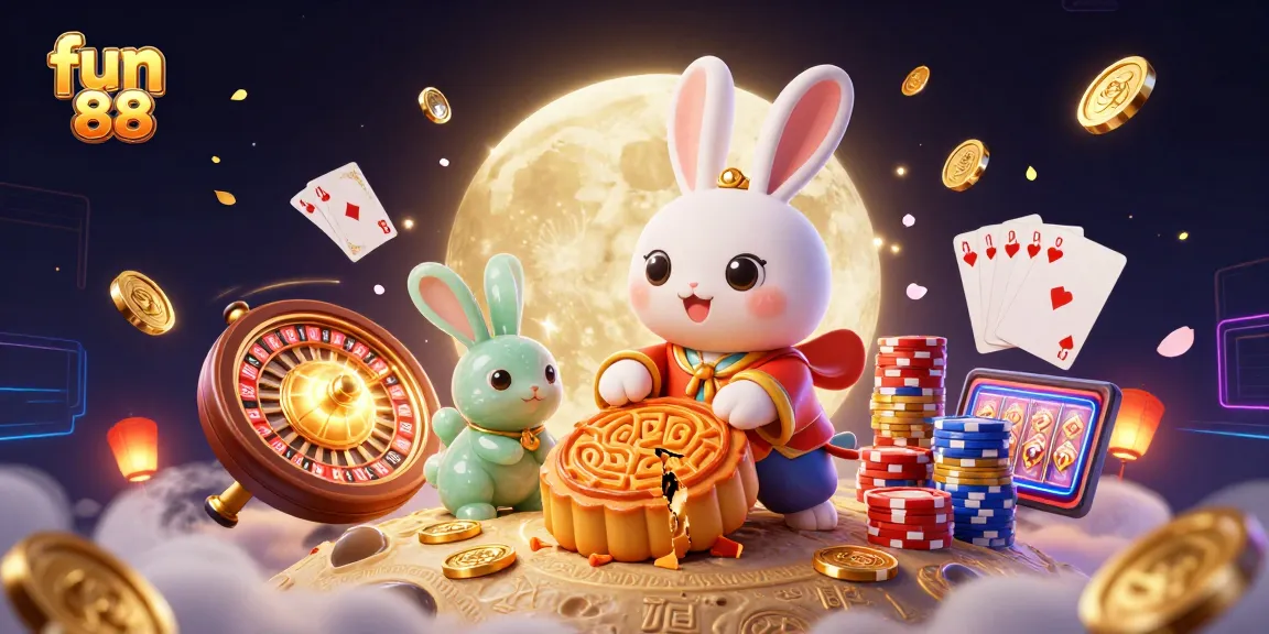 Engage with fun 88 as the moon rabbit celebrates with golden mooncakes and poker chips in a vibrant casino scene.