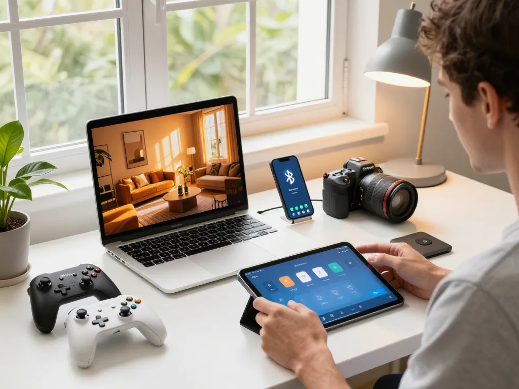 Modern workspace featuring affordable tech gadgets, including Bluetooth controllers and devices, illuminated by warm sunlight for a productive atmosphere.