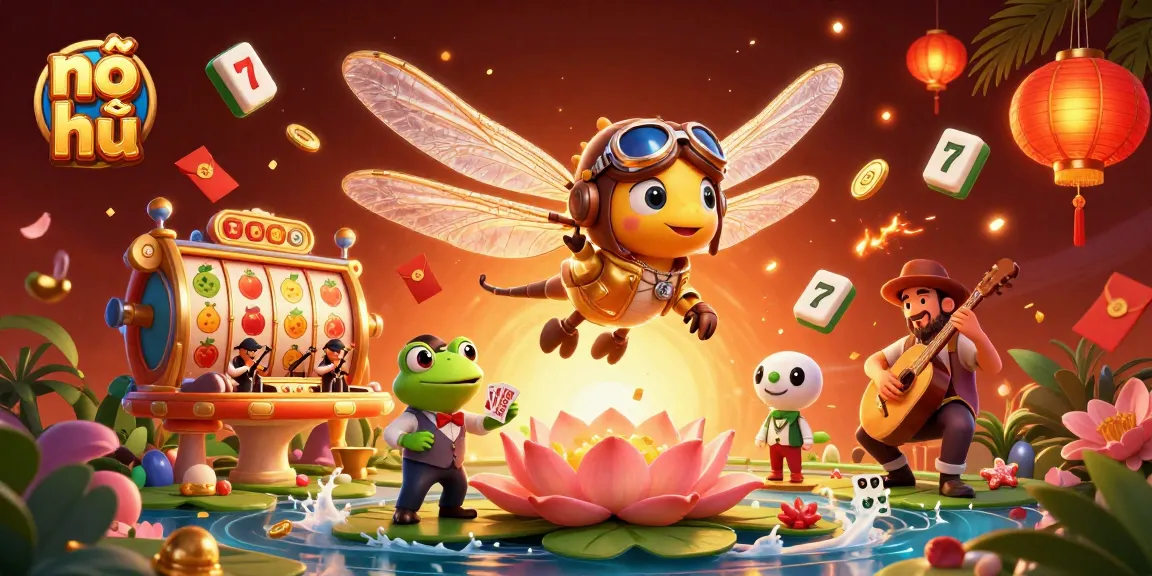Engage in nổ hũ excitement with a vibrant casino scene featuring a frog croupier and a dragonfly pilot.